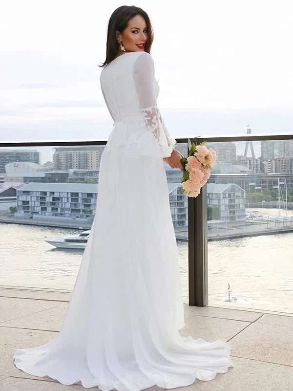Romantic Chiffon Lace A-Line Deep V-Neck Long Bell Sleeves V-Back Floor-Length Wedding Dresses