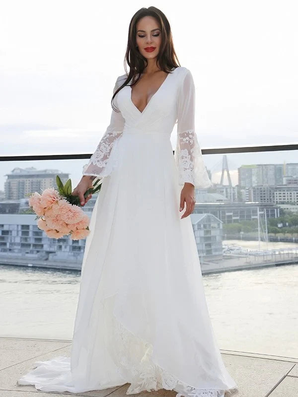 Romantic Chiffon Lace A-Line Deep V-Neck Long Bell Sleeves V-Back Floor-Length Wedding Dresses