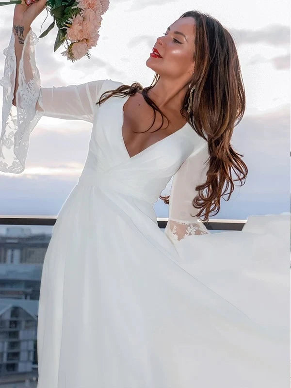 Romantic Chiffon Lace A-Line Deep V-Neck Long Bell Sleeves V-Back Floor-Length Wedding Dresses