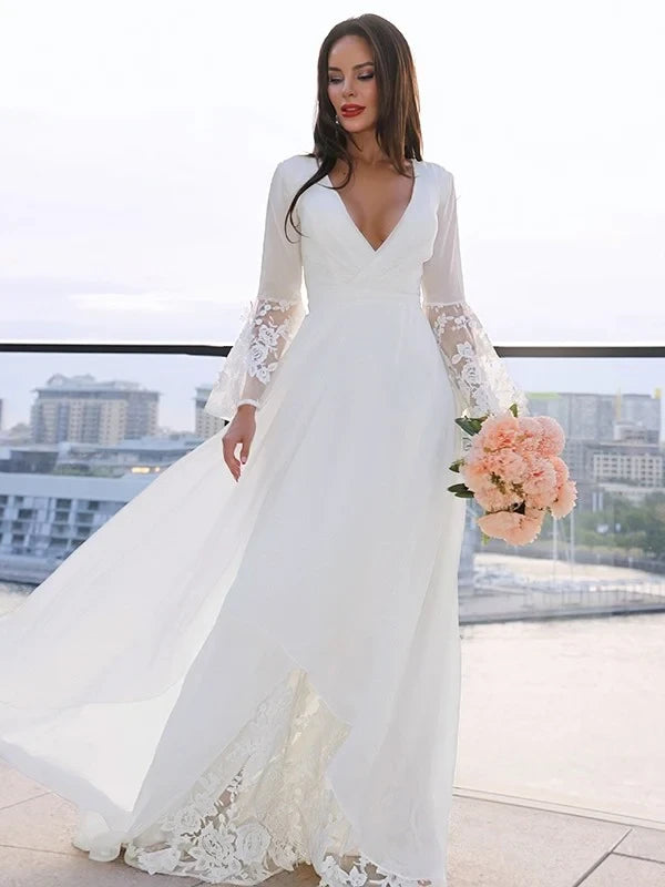 Romantic Chiffon Lace A-Line Deep V-Neck Long Bell Sleeves V-Back Floor-Length Wedding Dresses