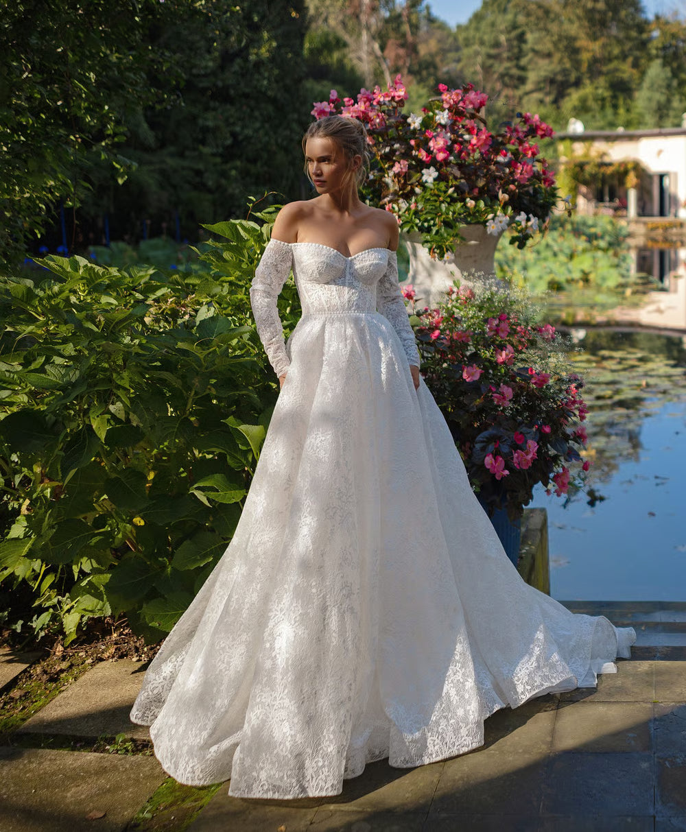 Romantic Lace A-Line Off-Shoulder Sweetheart Long Sleeves Lace-Up Back Floor-Length Wedding Dresses
