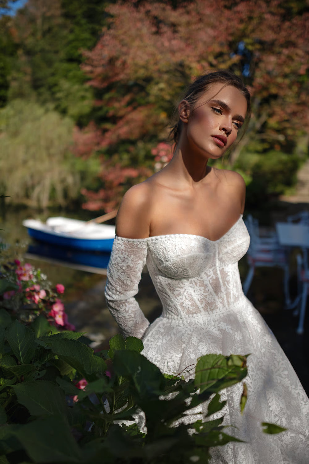 Romantic Lace A-Line Off-Shoulder Sweetheart Long Sleeves Lace-Up Back Floor-Length Wedding Dresses