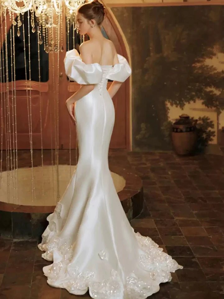 Romantic Off-the-Shoulder Oversized Ruffle Satin Mermaid Wedding Dress with Beaded Train & Low Back