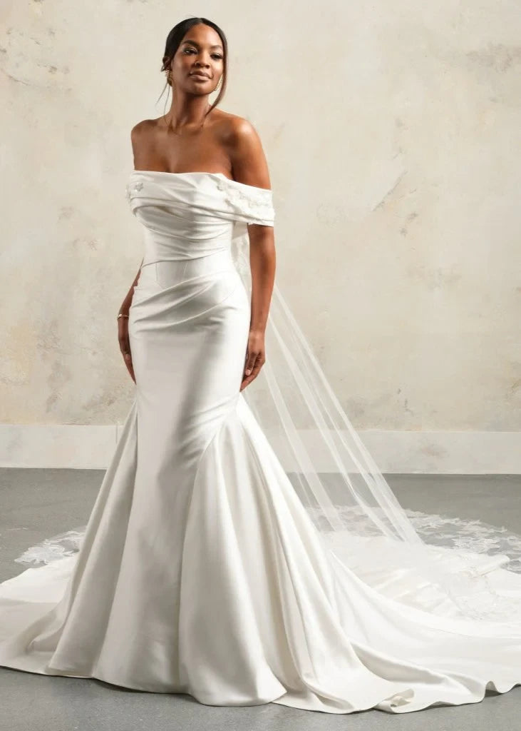Romantic Satin Lace Mermaid Off-Shoulder Short Sleeves Open Back Chapel Train Wedding Dresses