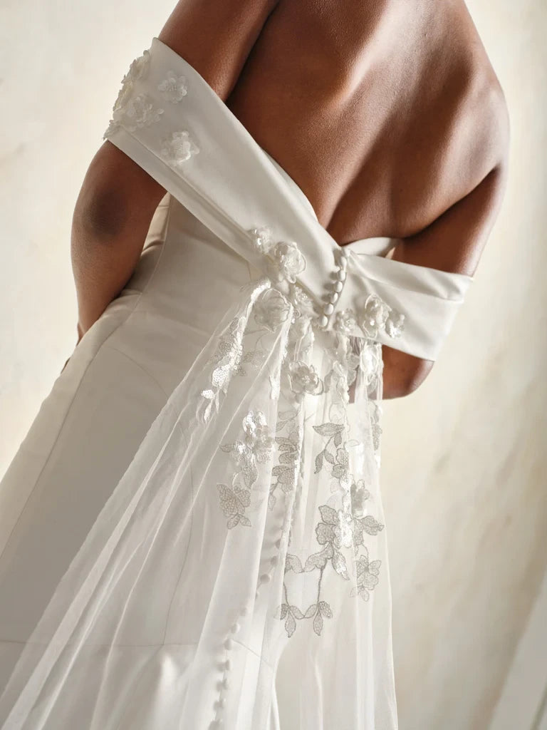 Romantic Satin Lace Mermaid Off-Shoulder Short Sleeves Open Back Chapel Train Wedding Dresses