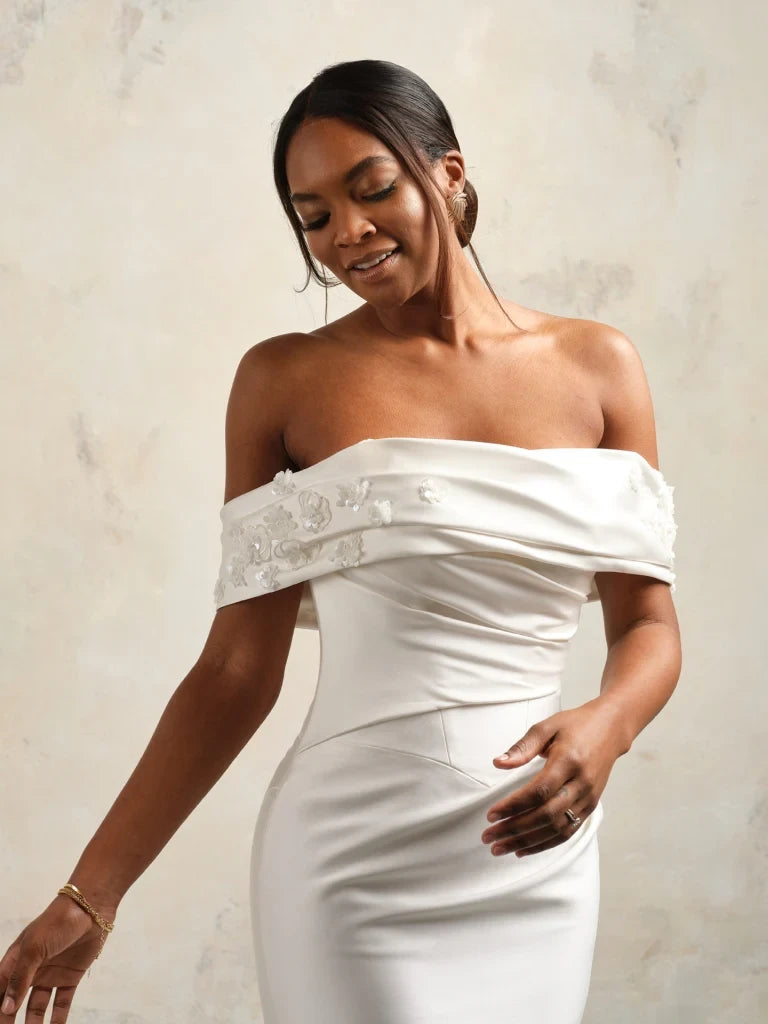 Romantic Satin Lace Mermaid Off-Shoulder Short Sleeves Open Back Chapel Train Wedding Dresses