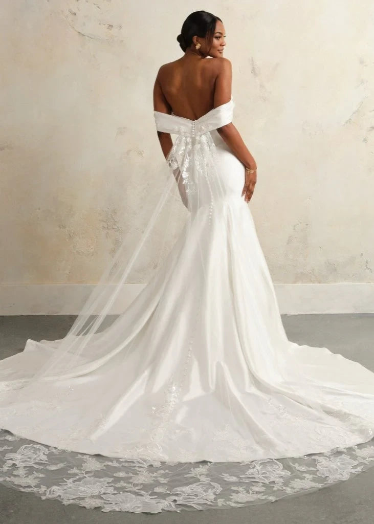 Romantic Satin Lace Mermaid Off-Shoulder Short Sleeves Open Back Chapel Train Wedding Dresses