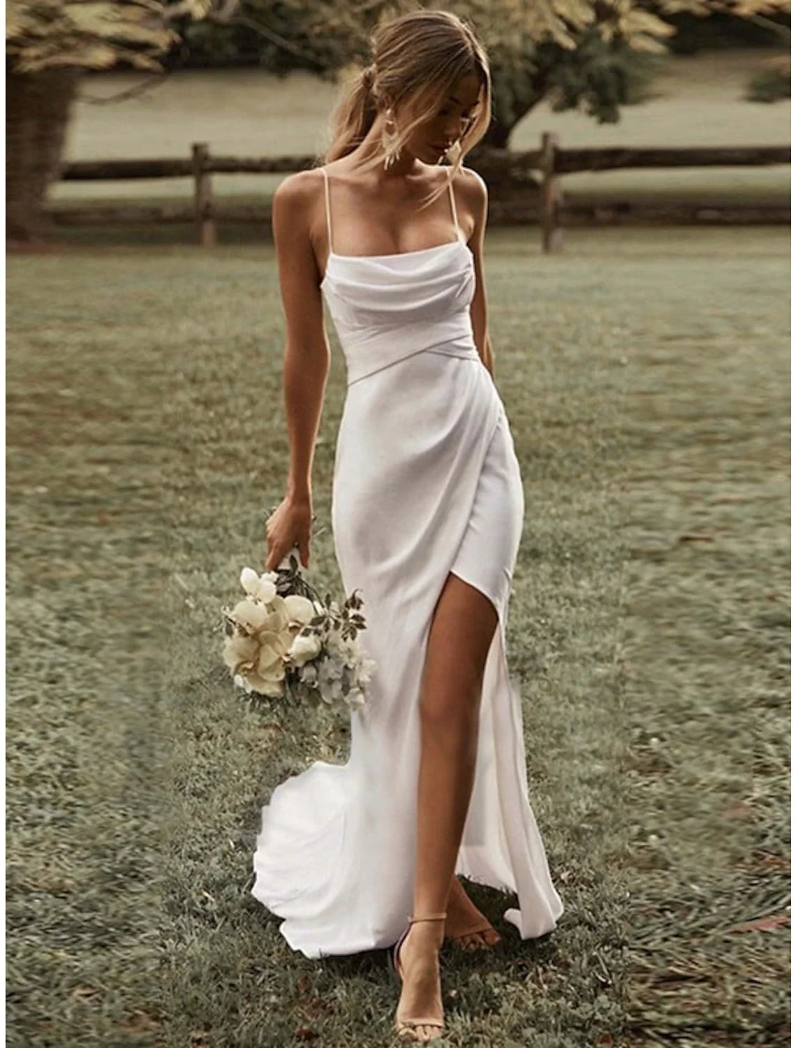 Romantic Satin Sheath Square Neck Spaghetti Straps Open Back Tie-Back Floor-Length with Train Wedding Dresses