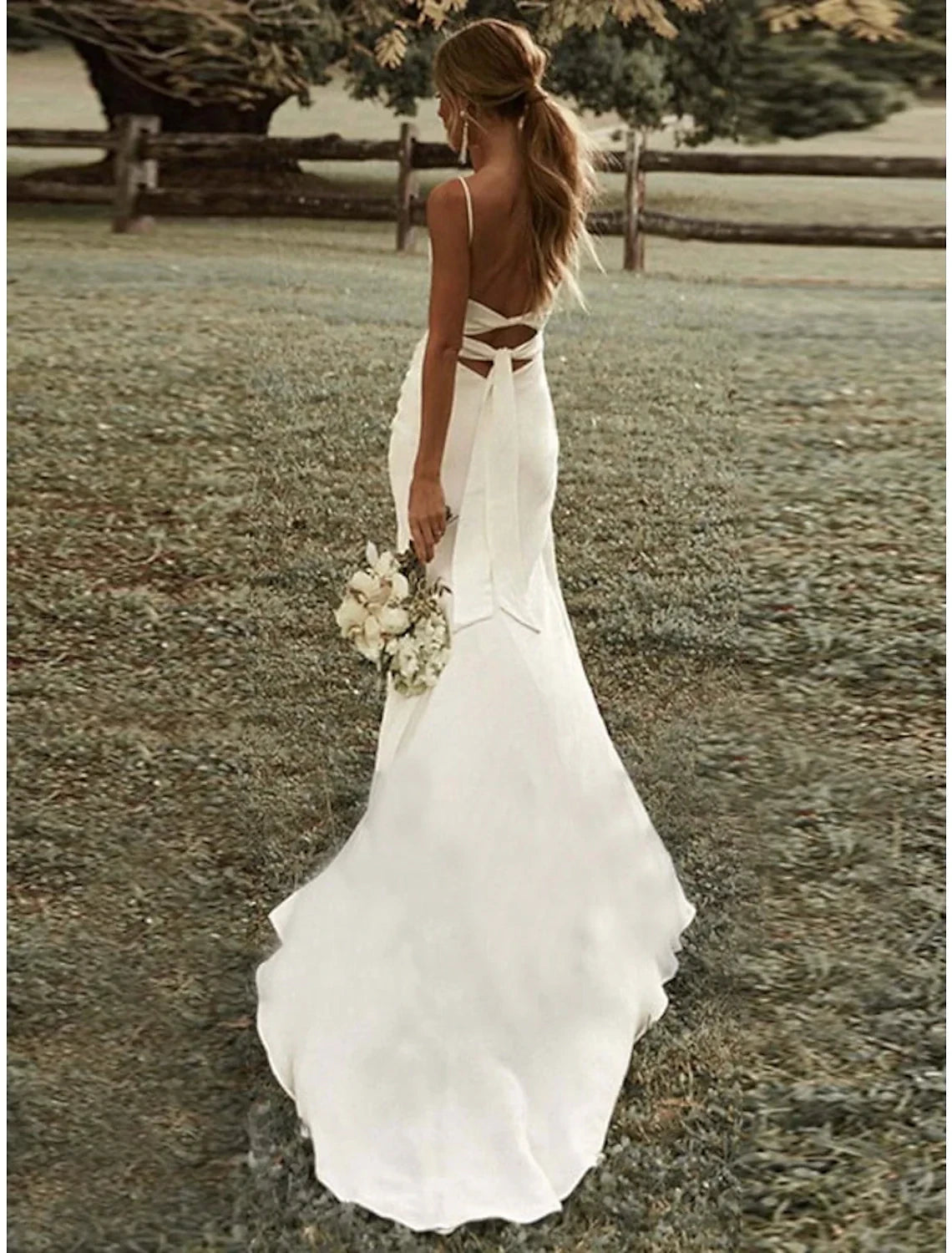 Romantic Satin Sheath Square Neck Spaghetti Straps Open Back Tie-Back Floor-Length with Train Wedding Dresses