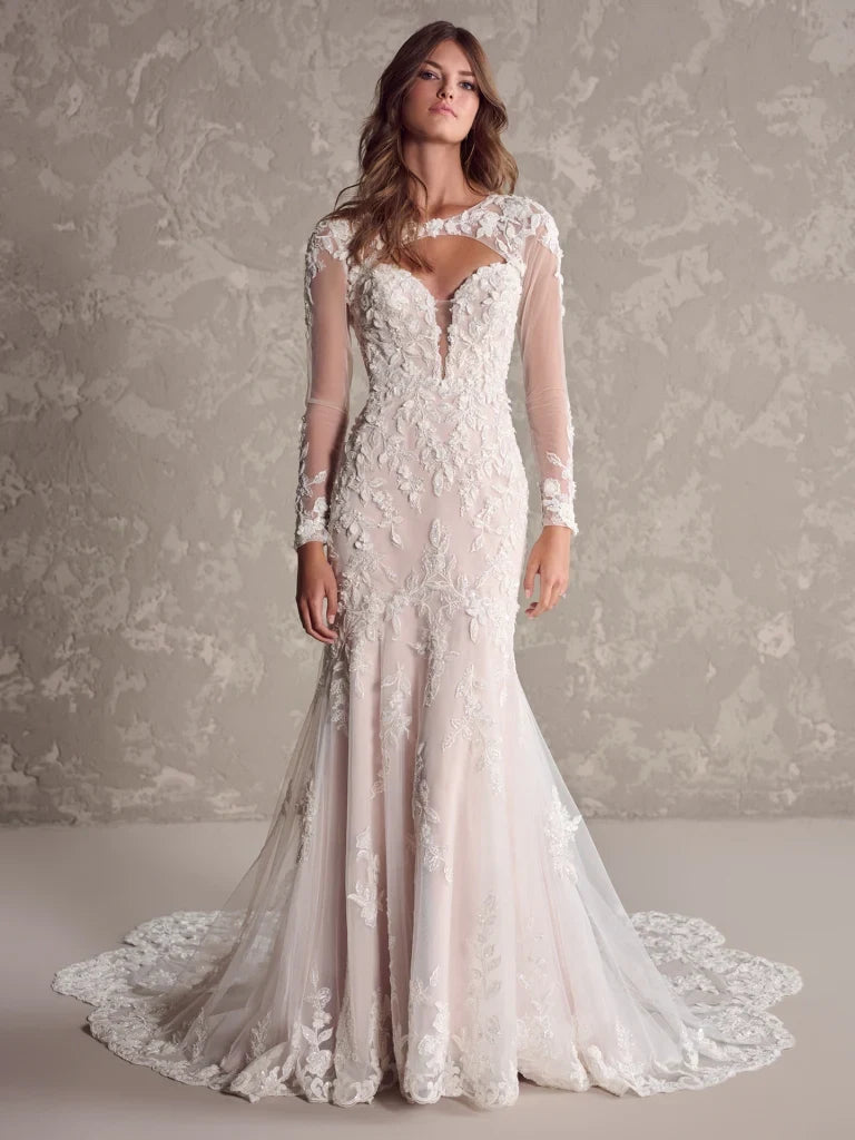 Romantic Sexy Lace Tulle Mermaid Illusion Sweetheart V-Neck Long Sleeve Open Back Floor-Length Wedding Dresses