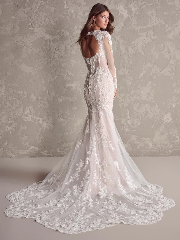 Romantic Sexy Lace Tulle Mermaid Illusion Sweetheart V-Neck Long Sleeve Open Back Floor-Length Wedding Dresses