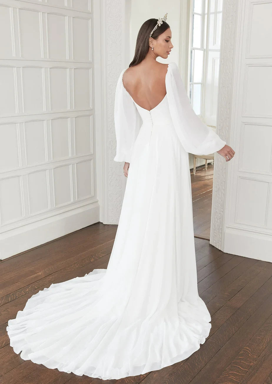 Romantic Simple Chiffon A-Line Square Neck Long Bishop Sleeve Low V-Back Floor Length Wedding Dresses