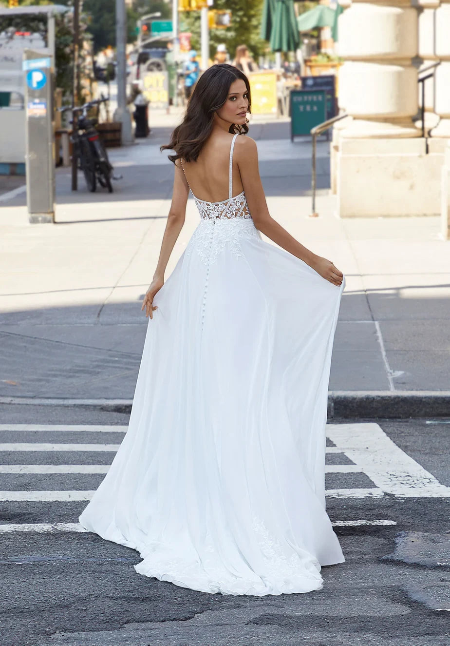 Romantic Simple Chiffon Lace A-Line V-Neck Spaghetti Strap Open Back Floor-Length Wedding Dresses