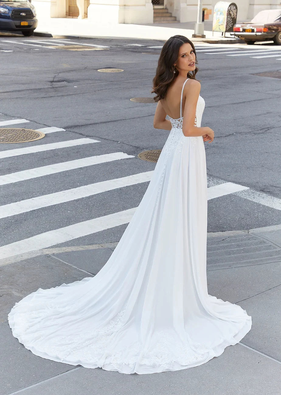 Romantic Simple Chiffon Lace A-Line V-Neck Spaghetti Strap Open Back Floor-Length Wedding Dresses