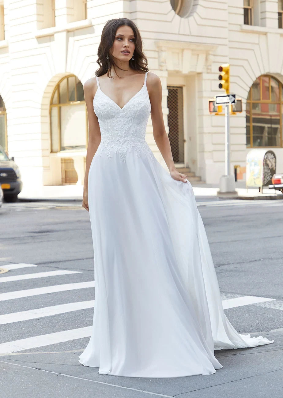 Romantic Simple Chiffon Lace A-Line V-Neck Spaghetti Strap Open Back Floor-Length Wedding Dresses