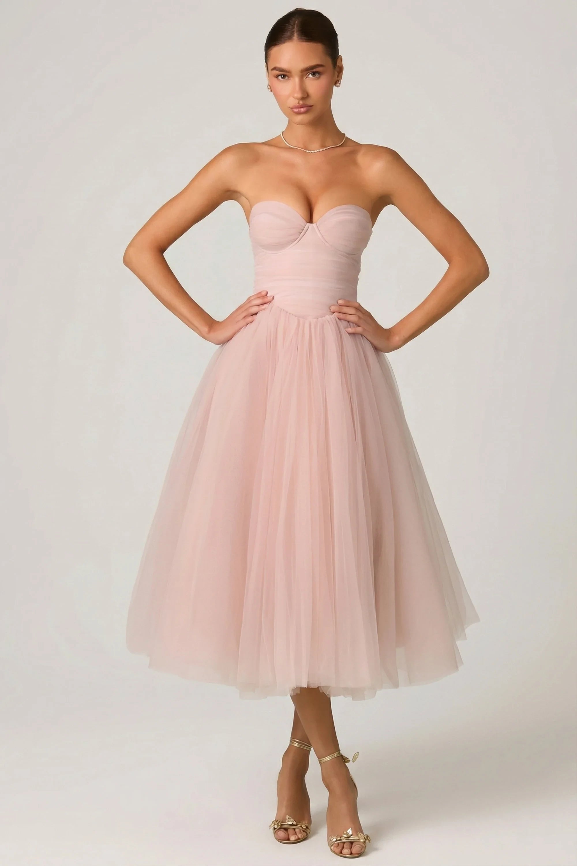 Romantic Tulle A-Line Sweetheart Strapless Sleeveless Strapless Back Midi Evening Dresses