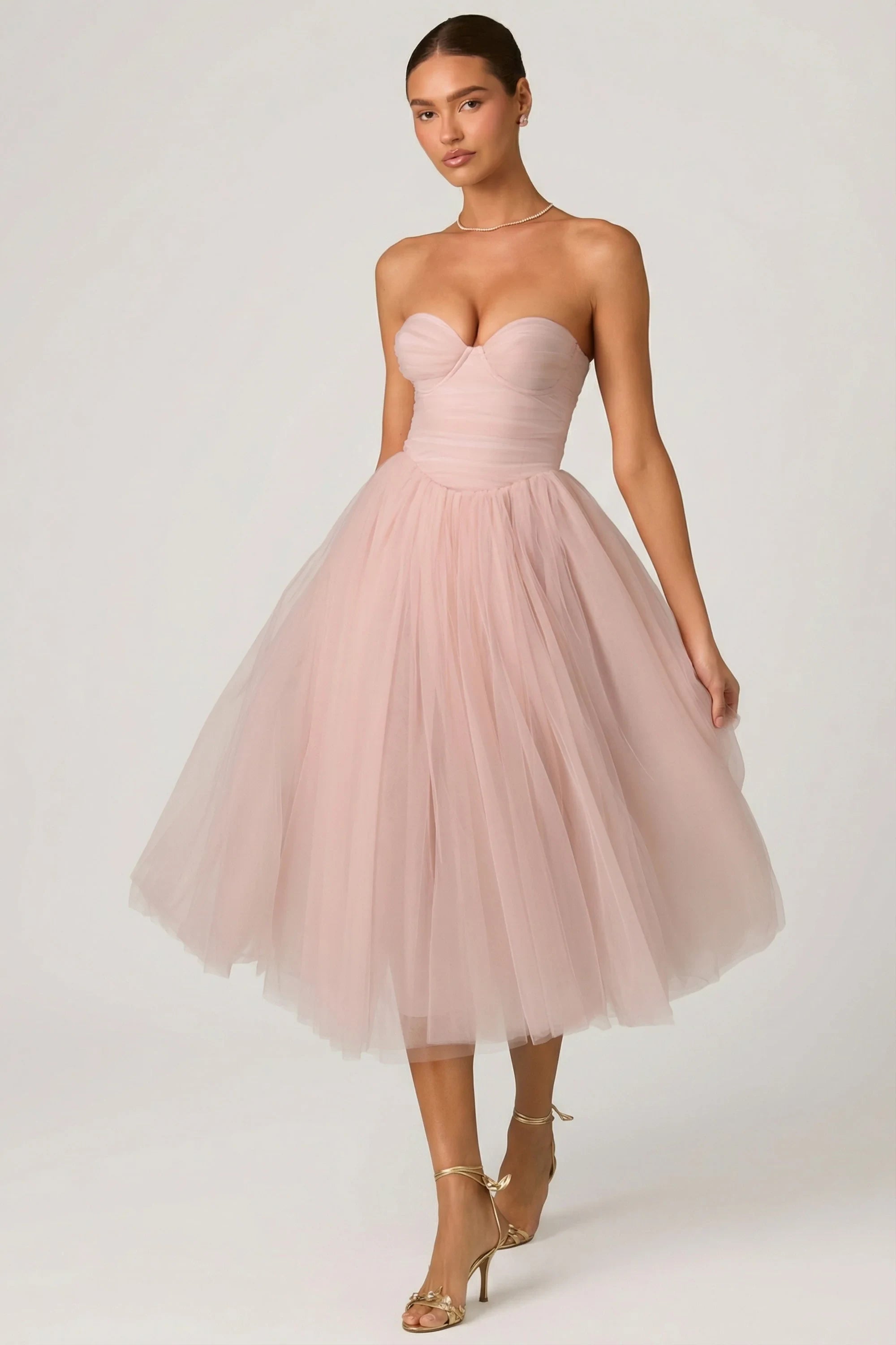 Romantic Tulle A-Line Sweetheart Strapless Sleeveless Strapless Back Midi Evening Dresses
