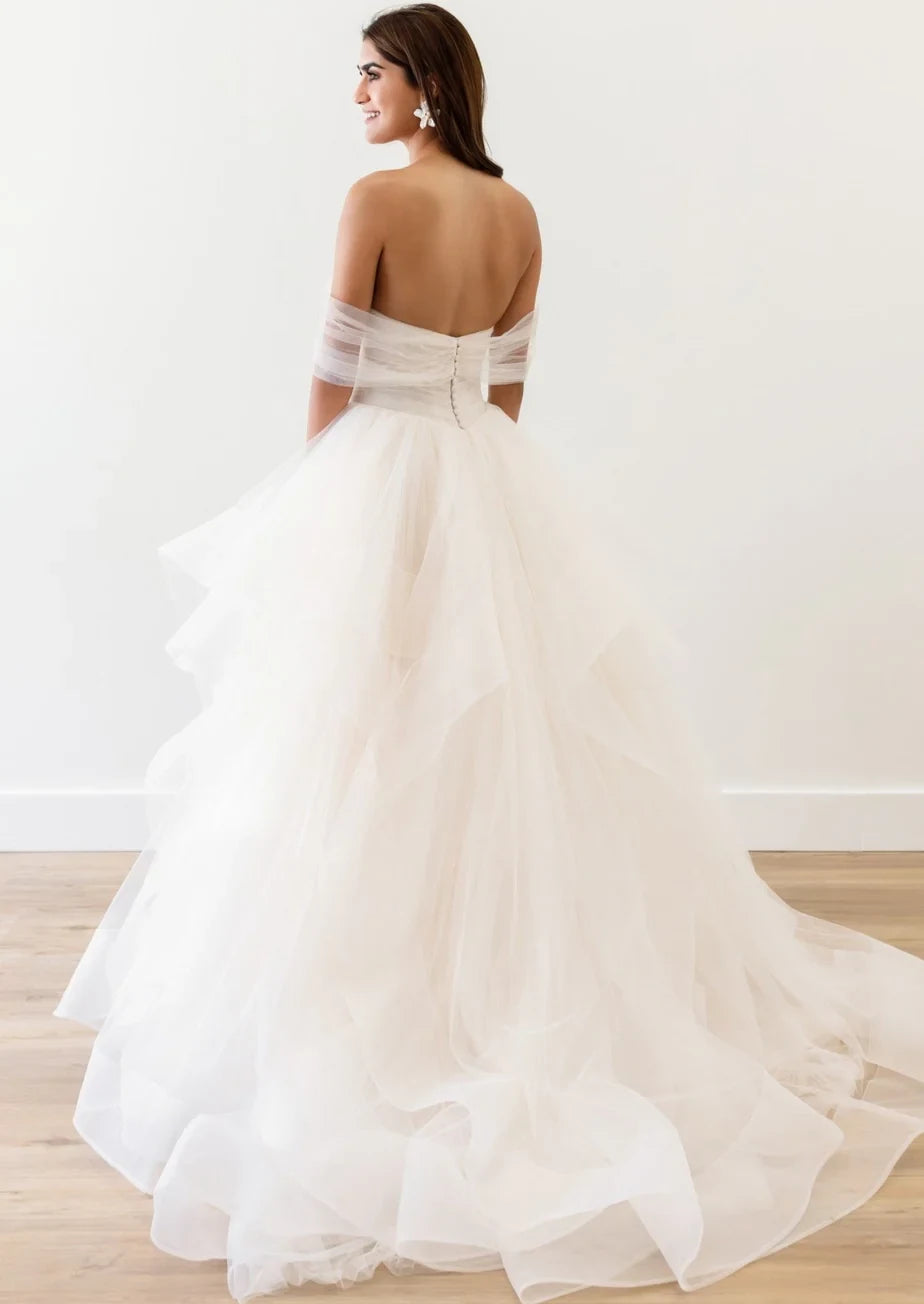 Romantic Tulle Ball Gown Sweetheart Off-Shoulder Straps Open Back Floor-Length Wedding Dresses