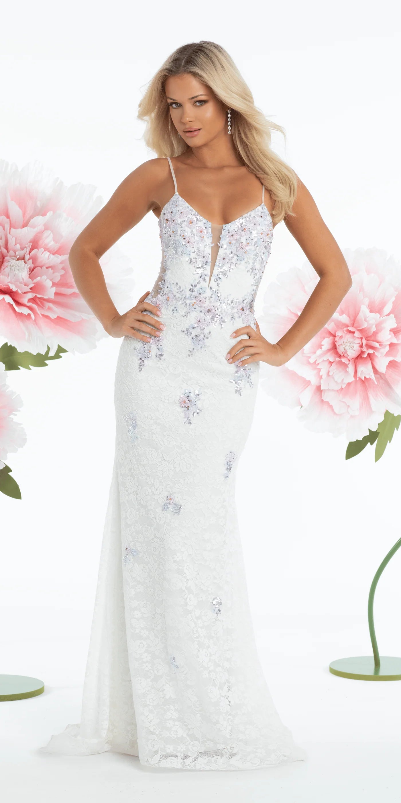 Romantic lace mermaid spaghetti strap V neck floor length evening dress with beaded floral applique, sheer side panels and train