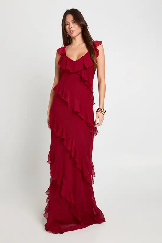 Romantic ruffled V-neck cross-back tiered chiffon floor-length evening gown