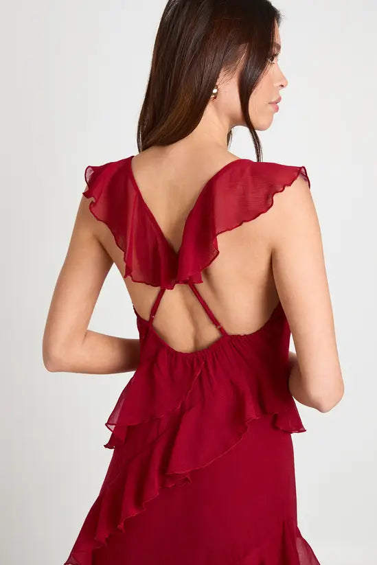 Romantic ruffled V-neck cross-back tiered chiffon floor-length evening gown