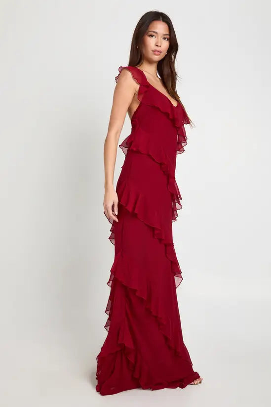 Romantic ruffled V-neck cross-back tiered chiffon floor-length evening gown
