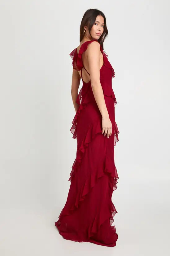 Romantic ruffled V-neck cross-back tiered chiffon floor-length evening gown