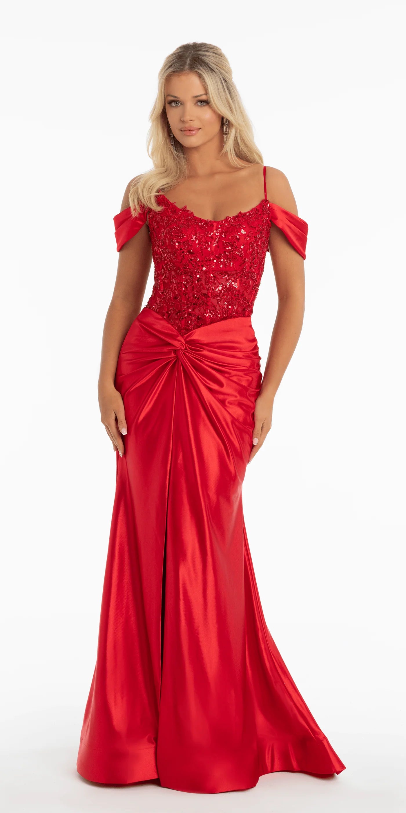Romantic satin lace off the shoulder spaghetti strap V neck floor length evening dress with beaded floral applique, twisted waist detail and train