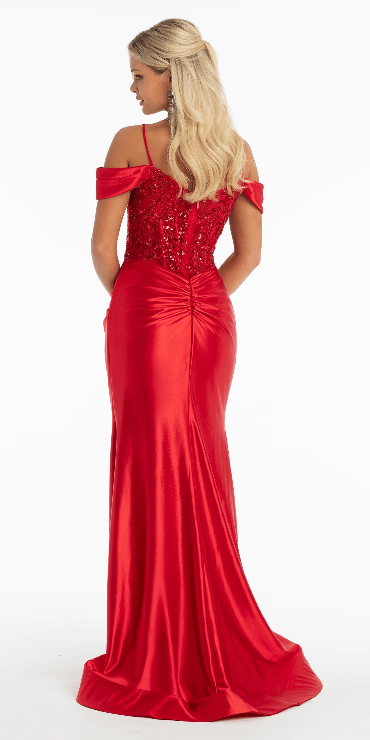 Romantic satin lace off the shoulder spaghetti strap V neck floor length evening dress with beaded floral applique, twisted waist detail and train
