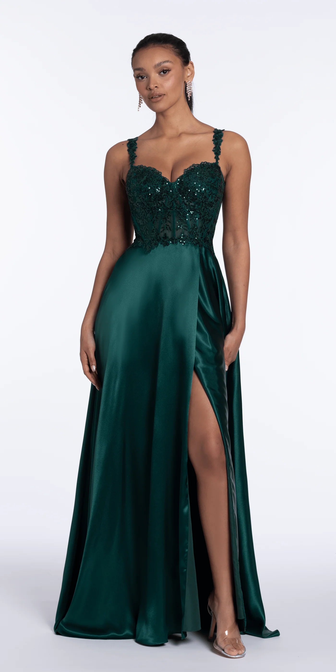 Romantic satin lace spaghetti strap sweetheart neck floor length evening dress with beaded floral applique, sheer corset back and high slit
