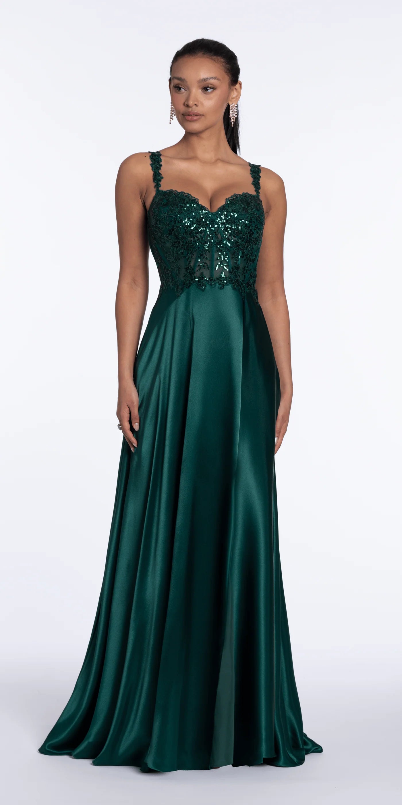 Romantic satin lace spaghetti strap sweetheart neck floor length evening dress with beaded floral applique, sheer corset back and high slit