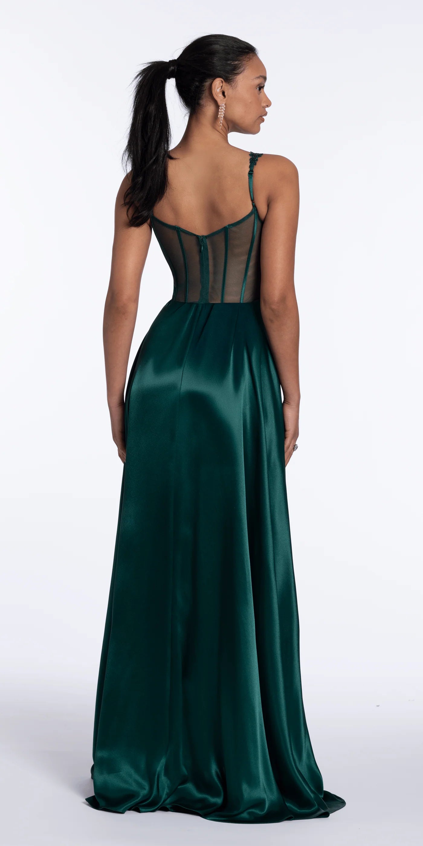 Romantic satin lace spaghetti strap sweetheart neck floor length evening dress with beaded floral applique, sheer corset back and high slit