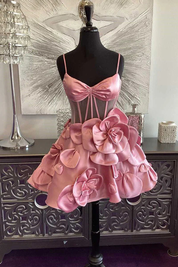 Rosette Straps Pink Corset Homecoming Dress Short Prom Dress
