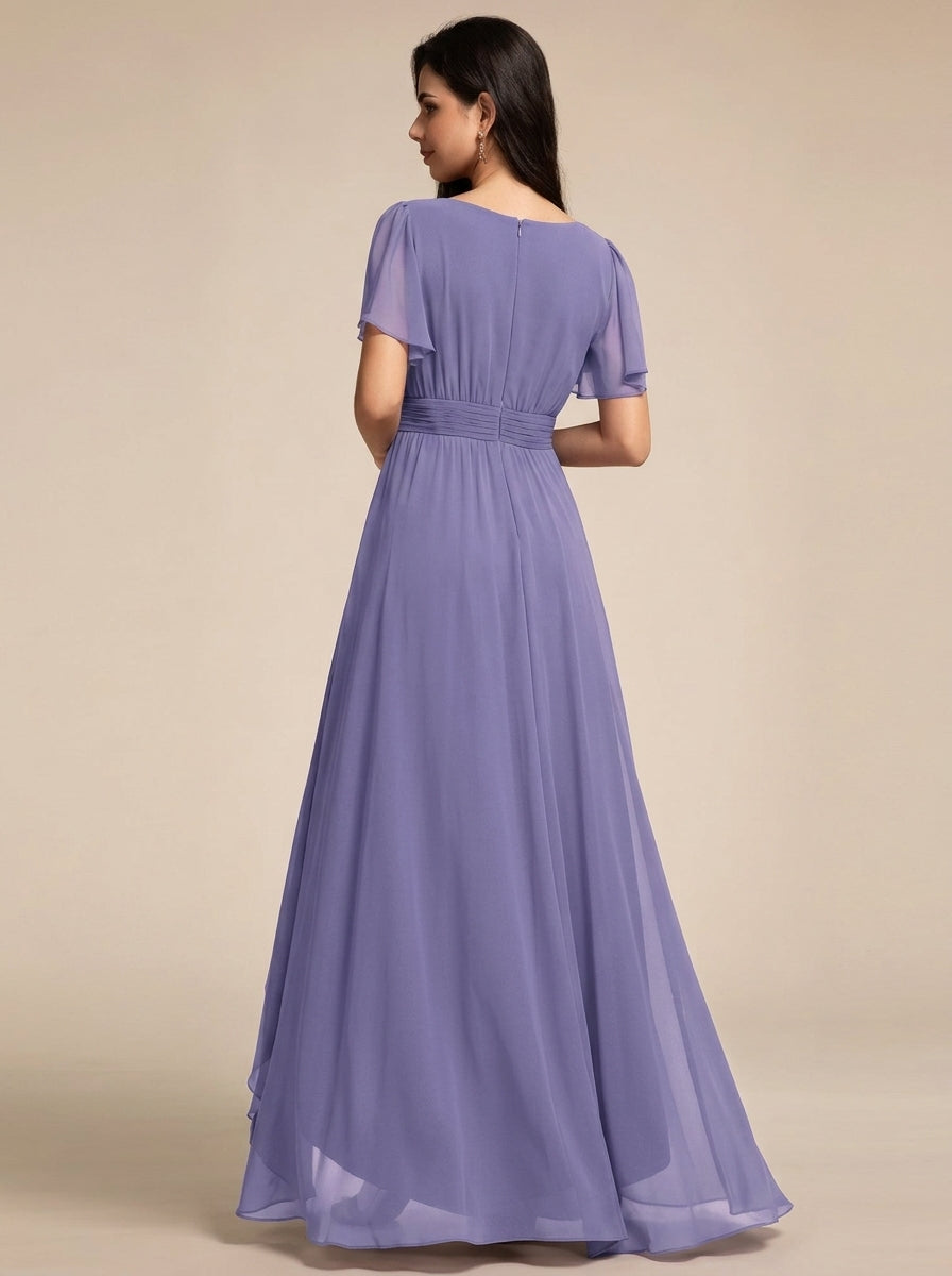 Round Neck Flutter Short Sleeve Ruched Waist Asymmetrical High Low Chiffon Bridesmaid Dresses