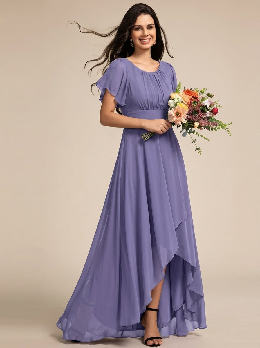 Round Neck Flutter Short Sleeve Ruched Waist Asymmetrical High Low Chiffon Bridesmaid Dresses