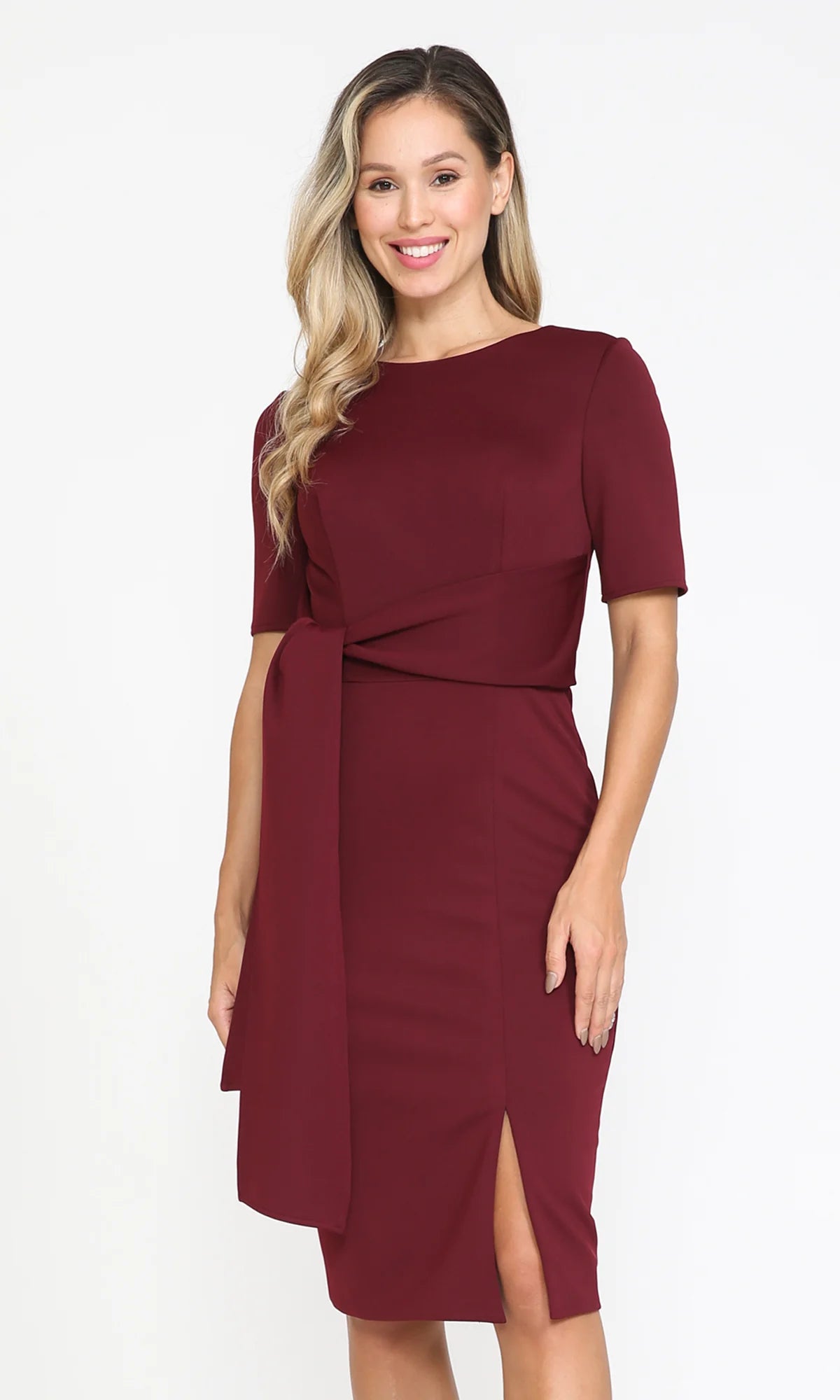Round Neck Short Sleeve Side Sash Tie Front Slit Knee Length Sheath Homecoming Dresses