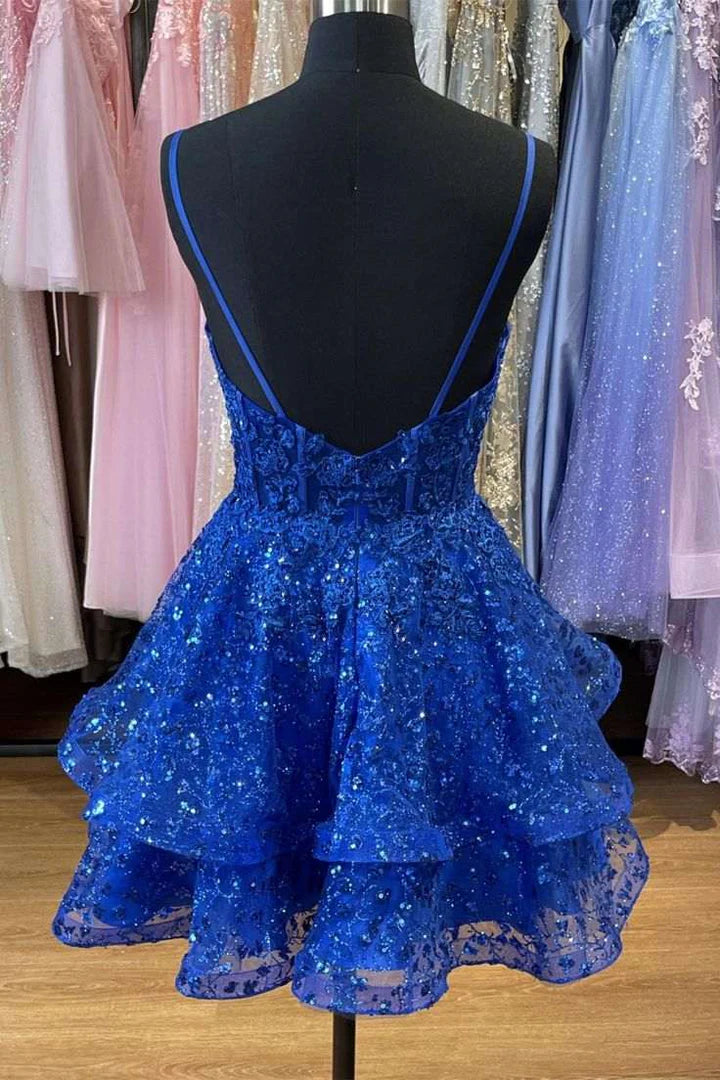 Royal Blue A-Line Spaghetti Straps Appliques Ruffles Short Homecoming Dress