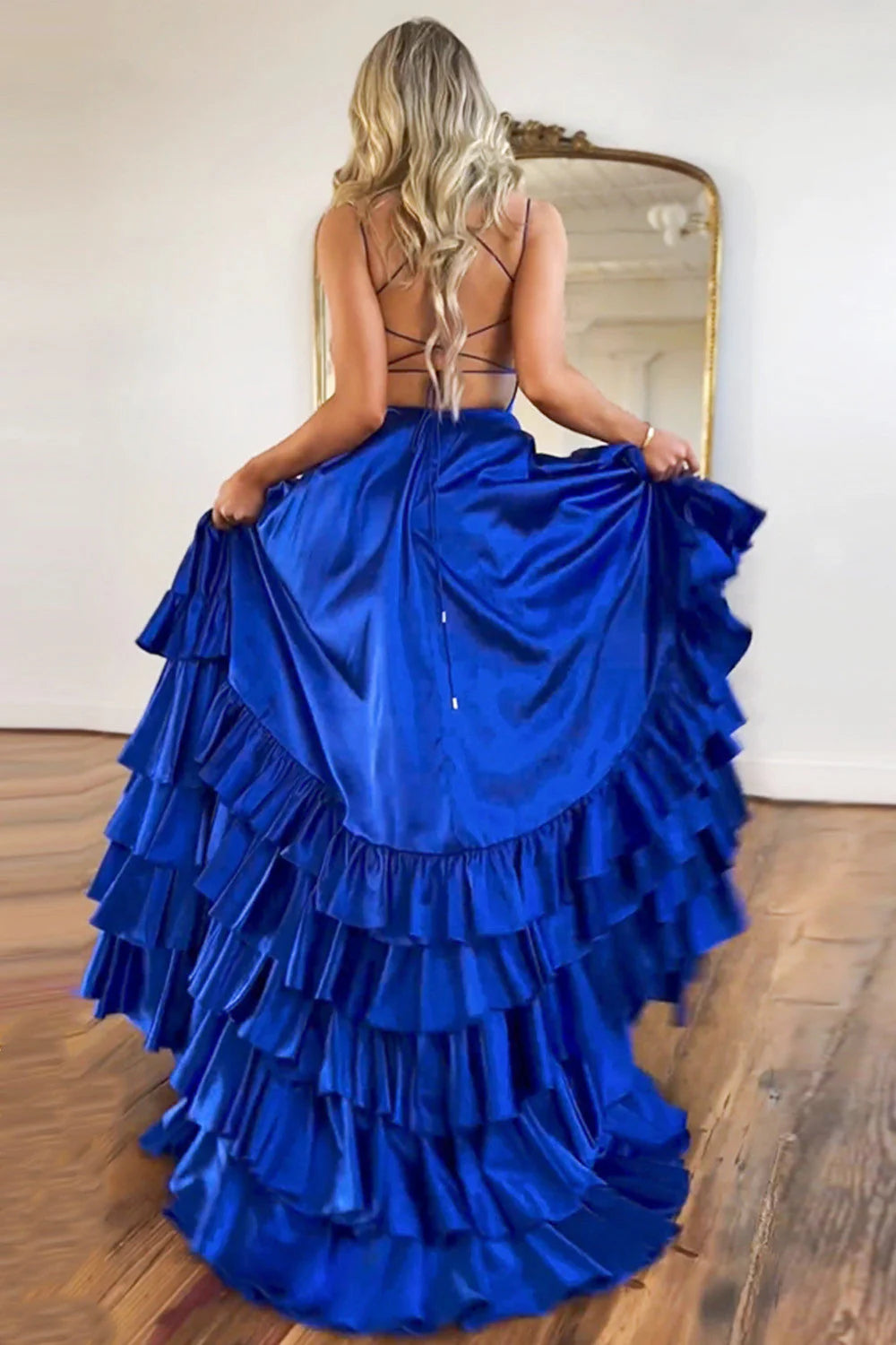 Royal Blue Satin A-Line Lace Up Spaghetti Straps Long Prom Dress