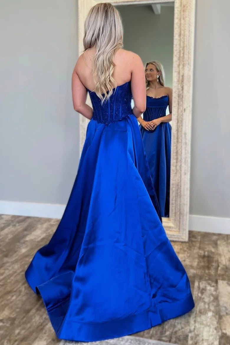 Royal Blue A-Line Strapless Scoop Pleated Satin Prom Dress
