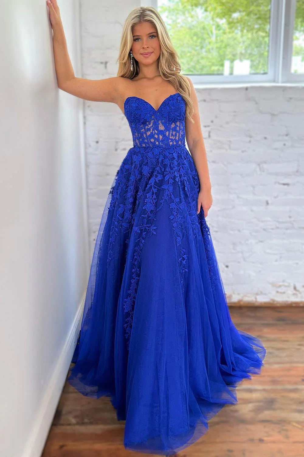 A-Line Sweetheart Long Tulle Royal Blue Retract Your Waist Prom Dress