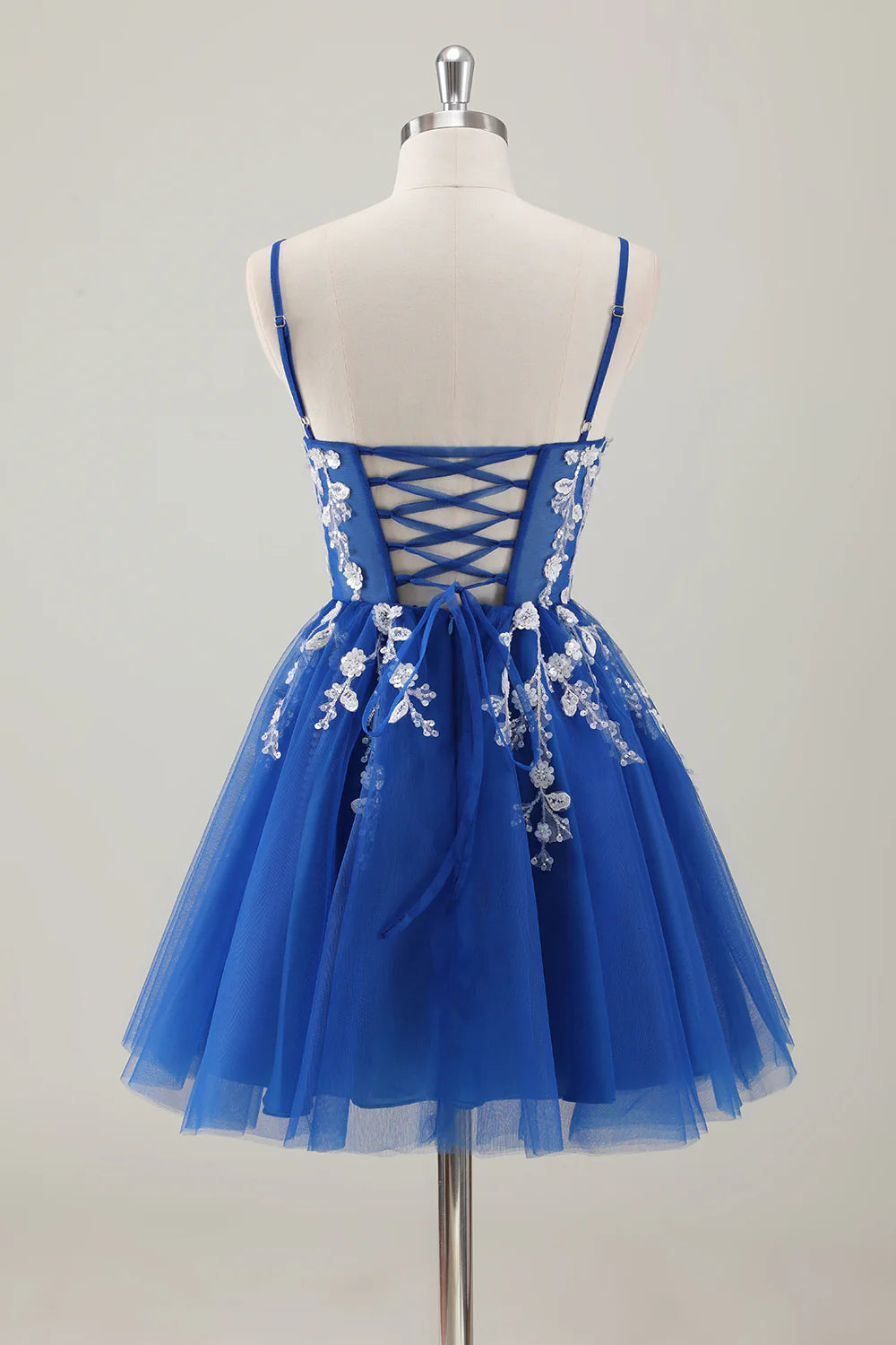 Royal Blue A Line V Neck Spaghetti Straps Sequins Homecoming Dress with Appliques