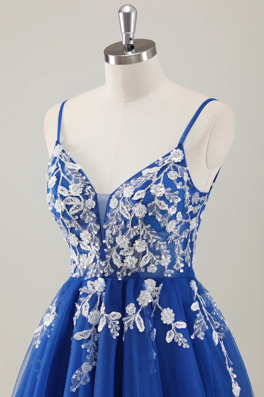 Royal Blue A Line V Neck Spaghetti Straps Sequins Homecoming Dress with Appliques