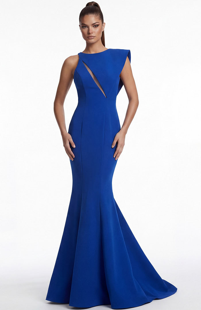 Royal Blue Asymmetrical Mermaid Evening Gown with Sheer Cutout, Structured Shoulder and Sweep Train