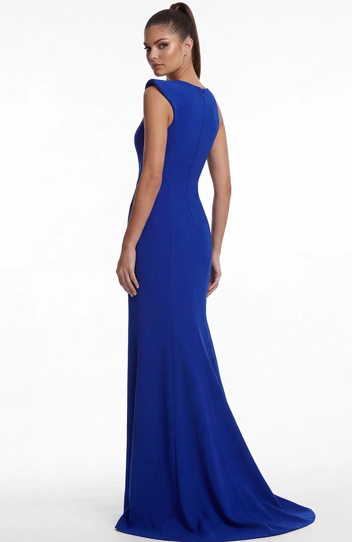 Royal Blue Asymmetrical Mermaid Evening Gown with Sheer Cutout, Structured Shoulder and Sweep Train