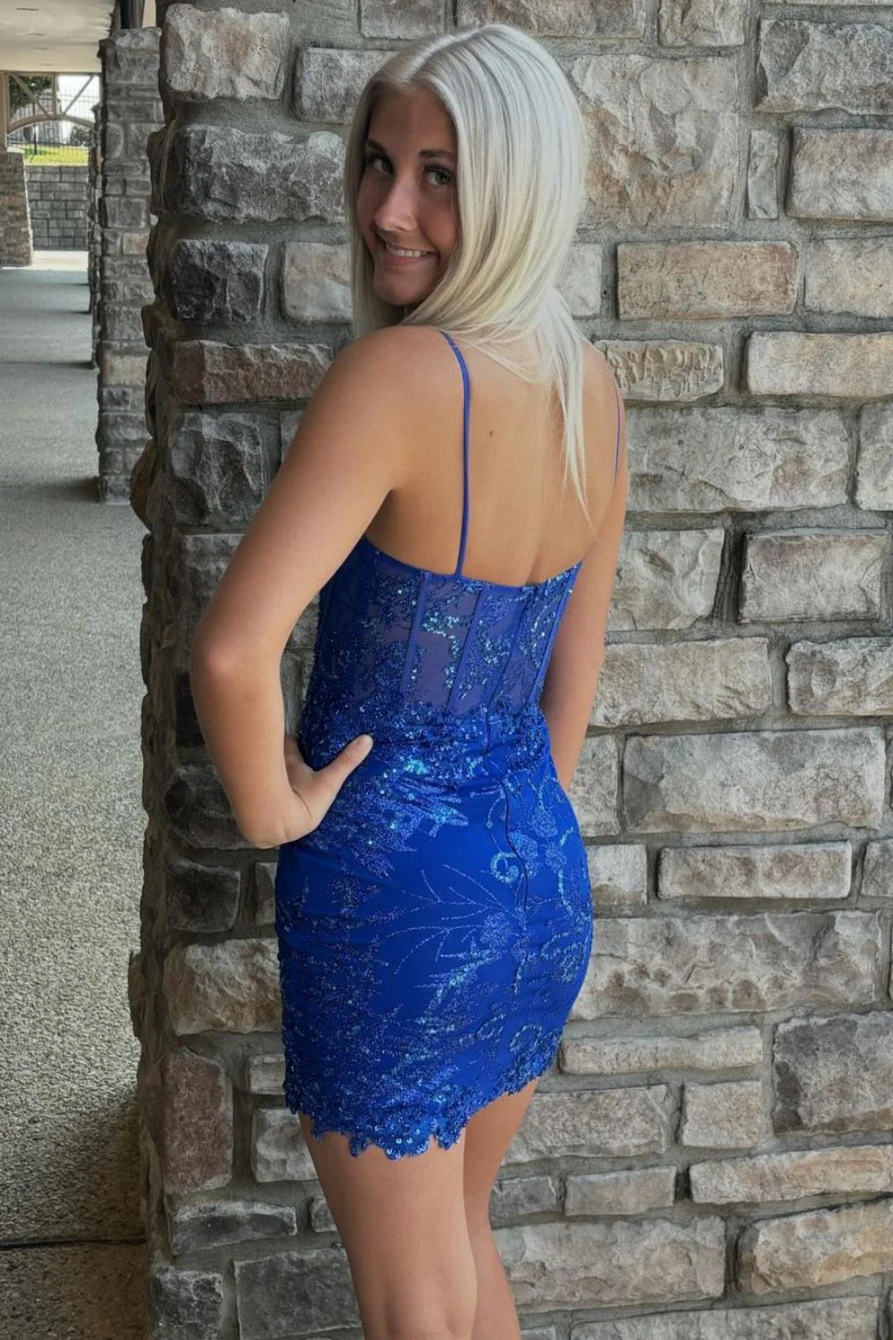 Royal Blue Bodycon Spaghetti Straps Short Homecoming Dress with Sequin