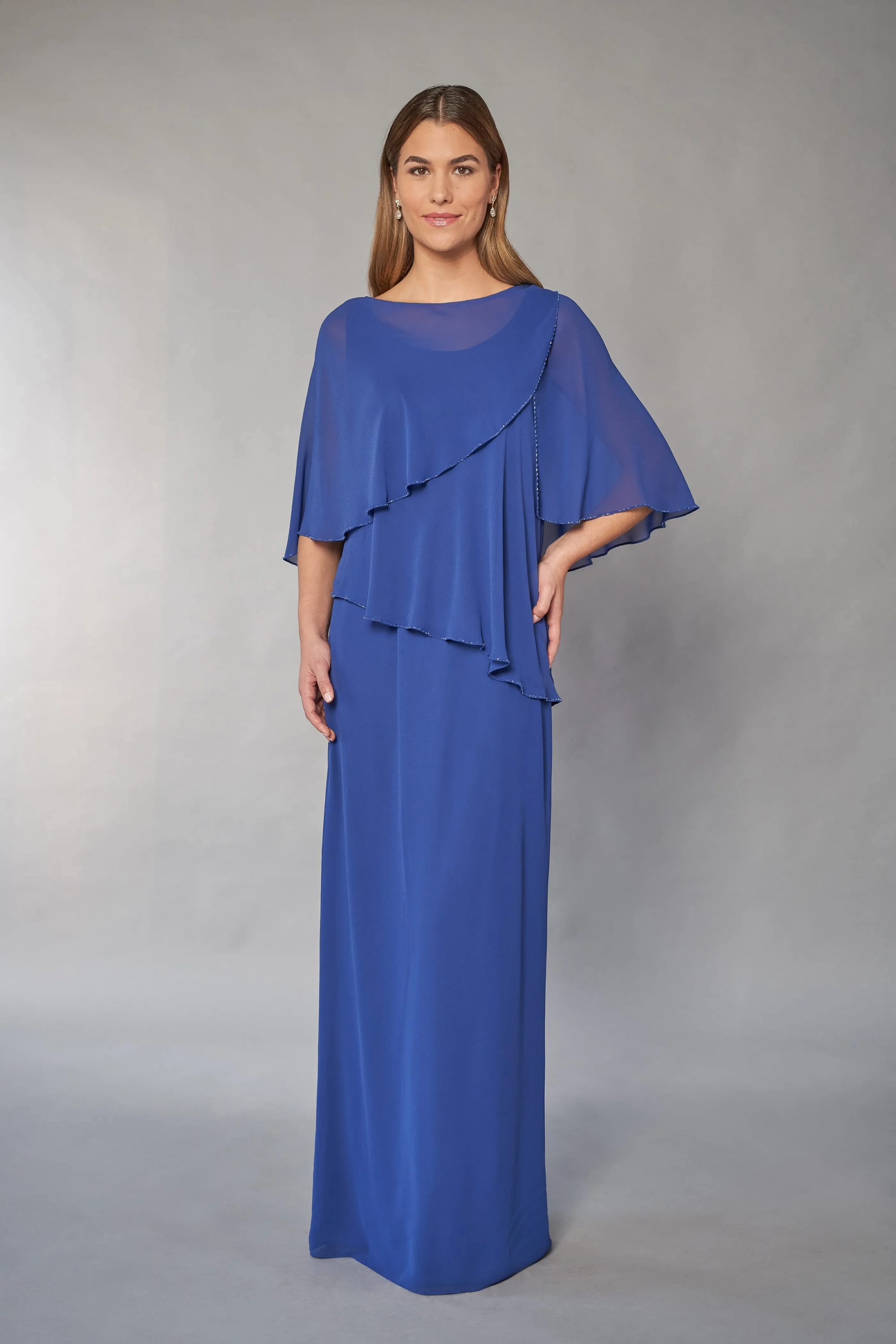 Royal Blue Chiffon Cape Overlay Beaded Trim Boat Neck Back Slit Column Mother of the Bride Dress