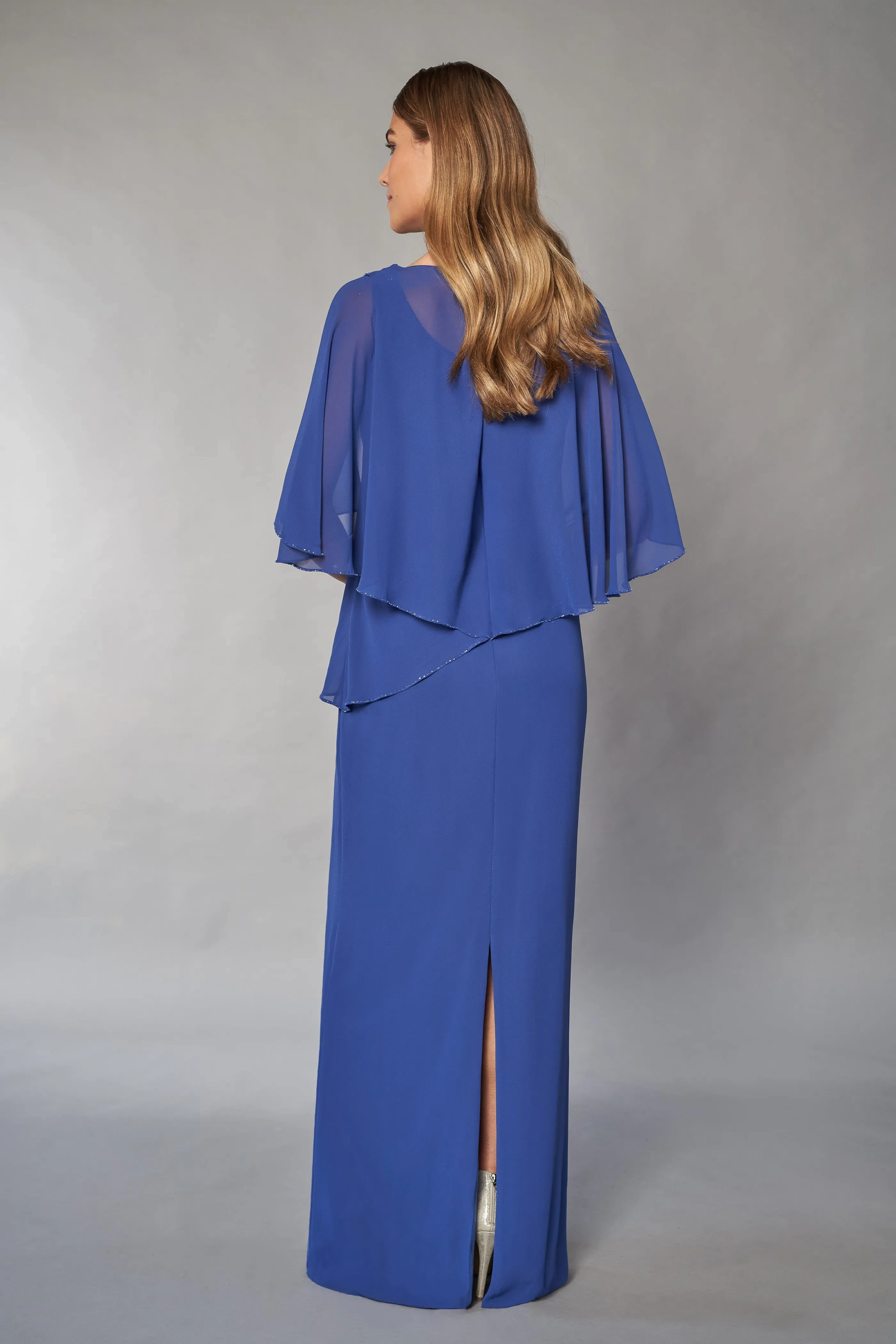 Royal Blue Chiffon Cape Overlay Beaded Trim Boat Neck Back Slit Column Mother of the Bride Dress