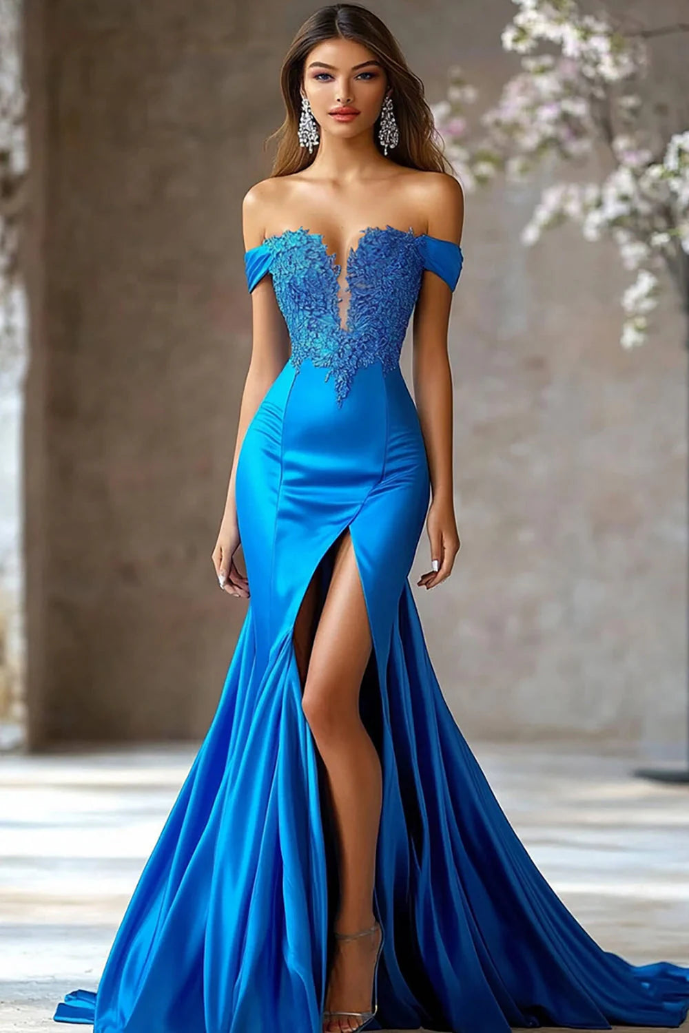 Royal Blue Lace Off The Shoulder Long Mermaid Prom Dress with Slit