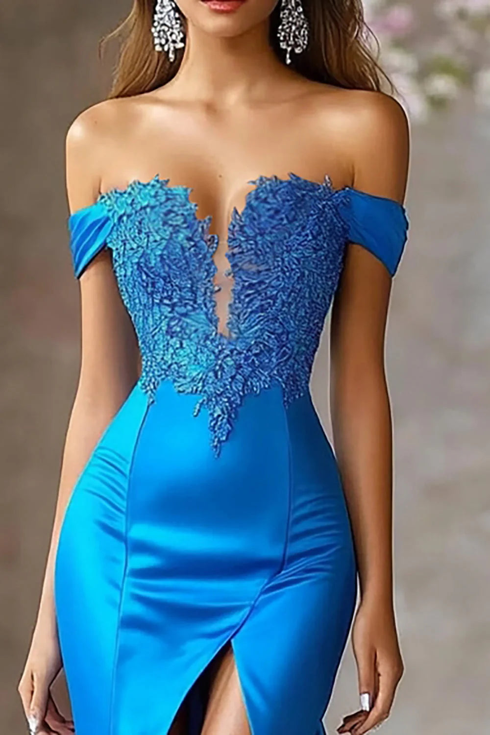 Royal Blue Lace Off The Shoulder Long Mermaid Prom Dress with Slit