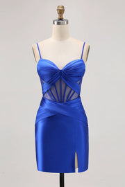 Royal Blue Satin Tight Ruched Corset Short Homecoming Dress with Slit LANQI DRESS Royal Blue Satin Tight Ruched Corset Short Homecoming Dress with Slit LANQI DRESS
